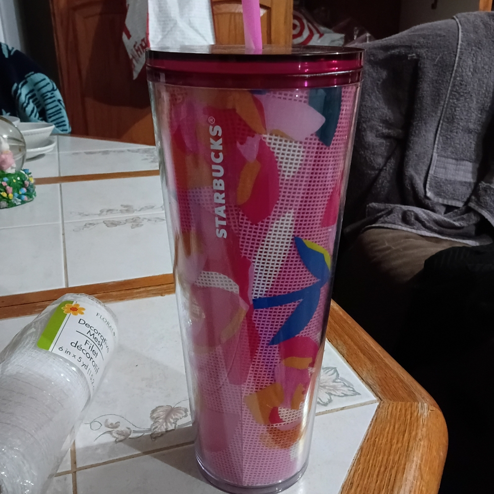 Starbucks Pink Multi-Color Floral Pattern Reusable Tumbler with Straw